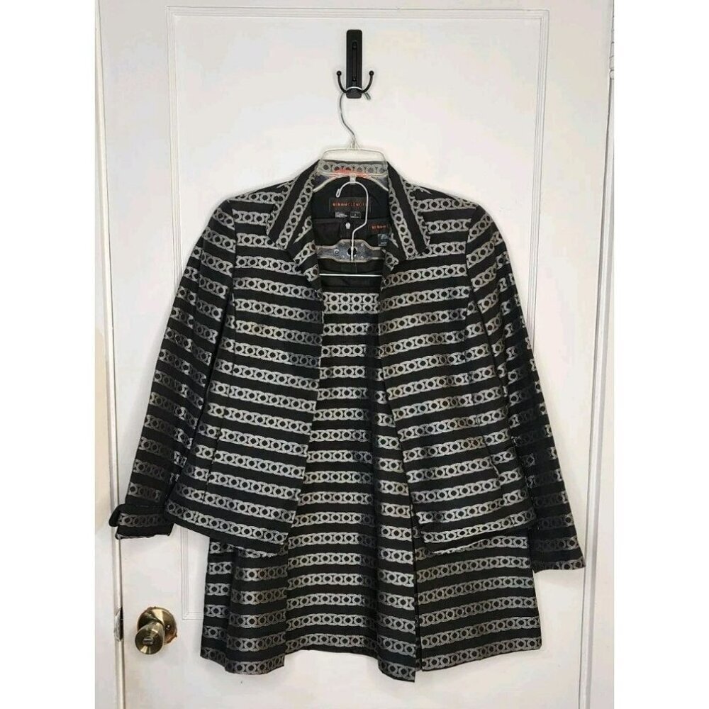 Sz 8 Nina McLemore 3Pc Suit Skirt Set Black Silver Patterned Silk Blend Workwear